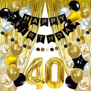 40th black gold party decoration, happy birthday banner, foil fringe curtains number 40 foil balloon, paper dots garland, star foil balloons for men women birthday party décor