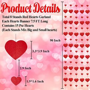 GETTERB 8 Pack Red Heart Garland Banner Mother's Day Decorations, Two Size Red Heart Hanging Streamers Red Glitter Paper for Valentine's Day Mother's Day Wedding Bridal Birthday Party