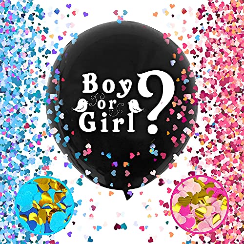 JLS Baby Shower Gender Reveal JUMBO 36 inch GIANT Balloon with heart shape Gold, Pink and Blue Confetti | Huge Balloon Boy or Girl | Balloon Gender Reveal Party | Baby Shower Surprise Party | Pregnant