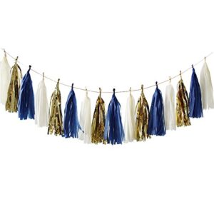 Nicrolandee 15 Pcs Navy Blue Tissue Paper Tassel Garland Gold Foil Art Party Garland for Wedding Engagement Baby Shower Bridal Shower Nautical Birthday Bachelorette Party Decor