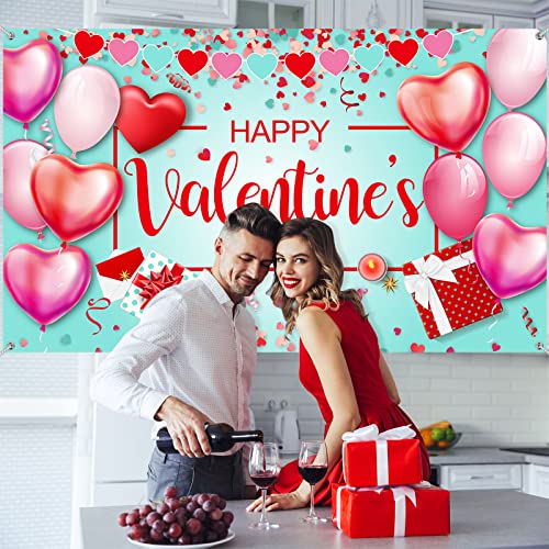 Happy Valentine's Day Backdrop Banner Polyester Valentines Backdrop Banner Large Valentine's Day Background Banner Decoration for Valentine Party Supplies and Decor (Mint Background)