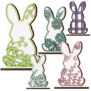 5 pieces easter decor wooden signs decor easter wood bunny decorations tiered tray decoration rabbit shape for kids easter party dining room office home table desk supplies (vivid style)