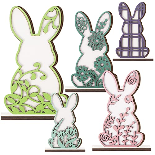 5 Pieces Easter Decor Wooden Signs Decor Easter Wood Bunny Decorations Tiered Tray Decoration Rabbit Shape for Kids Easter Party Dining Room Office Home Table Desk Supplies (Vivid Style)