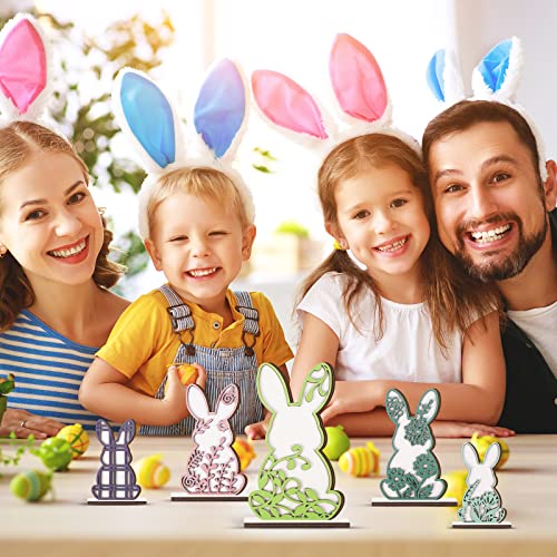 5 Pieces Easter Decor Wooden Signs Decor Easter Wood Bunny Decorations Tiered Tray Decoration Rabbit Shape for Kids Easter Party Dining Room Office Home Table Desk Supplies (Vivid Style)