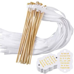 100 pcs wedding wands with gold bells and favor tags, silk ribbon dancer wand white wand streamers for wedding party baby shower send off party activities holiday favors