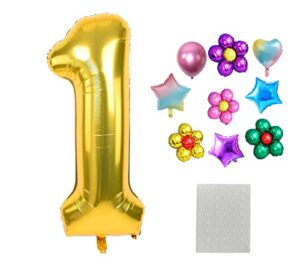 1pcs 40 inch gold number balloon +3 pcs random balloons, number 1 huge digital balloons (0-9), foil mylar big digital number balloon for wedding, christening, anniversary, birthday decorations