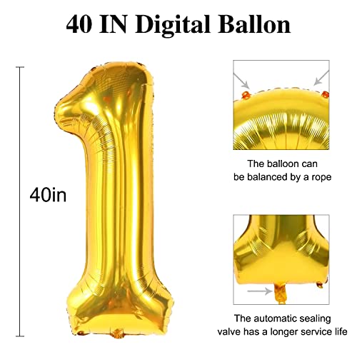 1Pcs 40 Inch Gold Number Balloon +3 Pcs Random Balloons, Number 1 Huge Digital Balloons (0-9), Foil Mylar Big Digital Number Balloon for Wedding, Christening, Anniversary, Birthday Decorations