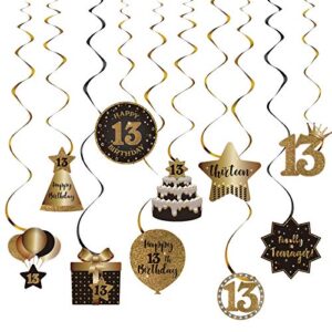 happy 13th birthday party hanging swirls streams ceiling decorations, celebration 13 foil hanging swirls with cutouts for 13 years old black and gold birthday party decorations supplies