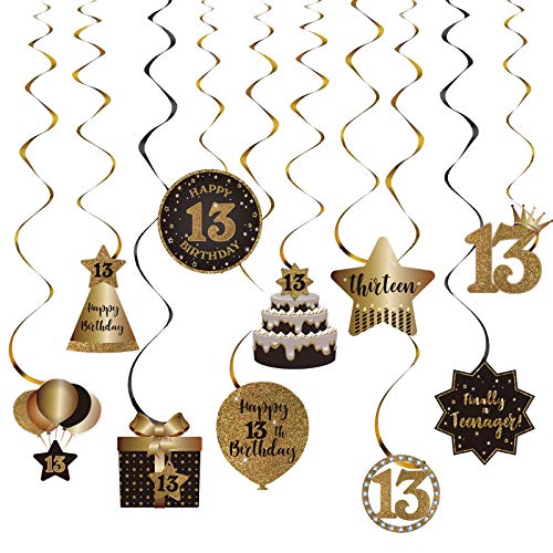 Happy 13th Birthday Party Hanging Swirls Streams Ceiling Decorations, Celebration 13 Foil Hanging Swirls with Cutouts for 13 Years Old Black and Gold Birthday Party Decorations Supplies