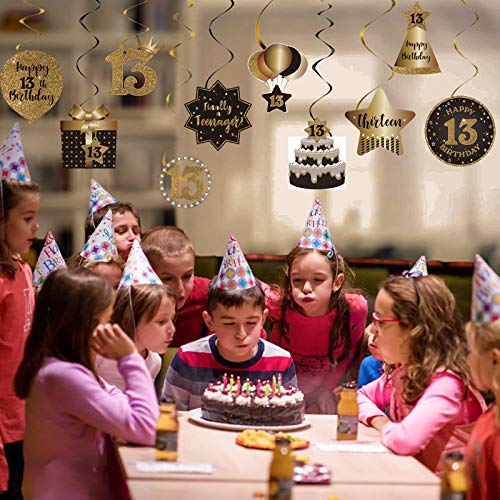 Happy 13th Birthday Party Hanging Swirls Streams Ceiling Decorations, Celebration 13 Foil Hanging Swirls with Cutouts for 13 Years Old Black and Gold Birthday Party Decorations Supplies