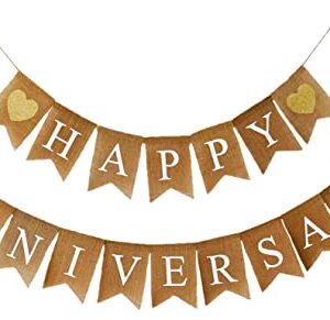 Shimmer Anna Shine Happy Anniversary Burlap Banner for Wedding Anniversary Decorations with Gold Glitter Hearts