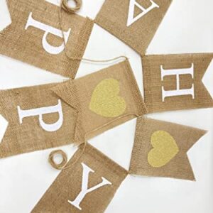 Shimmer Anna Shine Happy Anniversary Burlap Banner for Wedding Anniversary Decorations with Gold Glitter Hearts