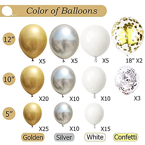 Beliueyes Balloon Garland Arch Kit 112 Pcs Metallic Golden, Metallic Silver and White Balloons Set for Wedding Birthday Bachelorette Engagements Anniversary Party Backdrop DIY Decorations