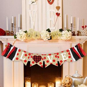 love burlap banner | valentine’s day decorations | valentines burlap banner | black red plaid love banner | valentines decorations | anniversary wedding engagement party decorations