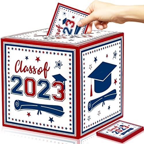 Graduation Party Decoration Red and Blue Congrats Grad Card Box with 48 PCS Advice Cards,Class of 2023 Holder Box Gift Box for College High School Graduation