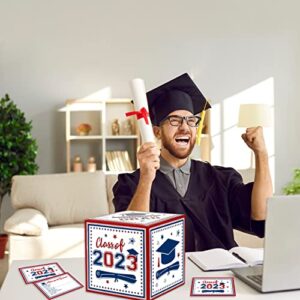 Graduation Party Decoration Red and Blue Congrats Grad Card Box with 48 PCS Advice Cards,Class of 2023 Holder Box Gift Box for College High School Graduation