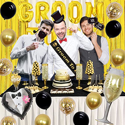 Bachelor Party Decorations for Men, Groom To Be Sash Balloons, Black and Gold Balloon & Photo Props Party Decor, Men Bachelor Decor Bridegroom Shower Wedding Party Supplies