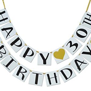 Happy 30th Birthday Banner - Gold Hearts and Ribbon - Birthday Decorations