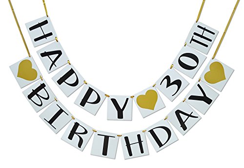 Happy 30th Birthday Banner - Gold Hearts and Ribbon - Birthday Decorations