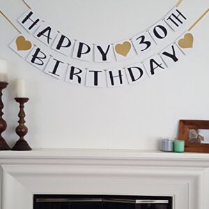 Happy 30th Birthday Banner - Gold Hearts and Ribbon - Birthday Decorations