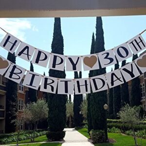 Happy 30th Birthday Banner - Gold Hearts and Ribbon - Birthday Decorations