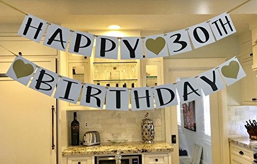 Happy 30th Birthday Banner - Gold Hearts and Ribbon - Birthday Decorations