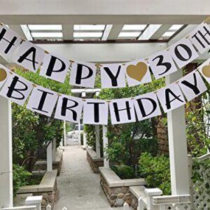 Happy 30th Birthday Banner - Gold Hearts and Ribbon - Birthday Decorations