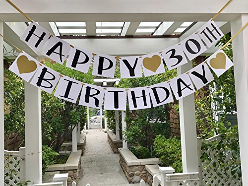 Happy 30th Birthday Banner - Gold Hearts and Ribbon - Birthday Decorations