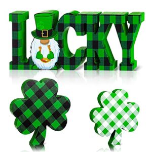 BOBOBOX 3 Pcs St Patric Day Table Signs Decoration, Shamrock Wooden Lucky Table Decor Irish Freestanding Tiered Tray Tabletop Decorations for St. Patrick's Day Party Home Table Decor