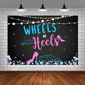 wheels or heels gender reveal theme party photo backdrop boy or girl baby shower background pink or blue gender reveal party decorations supplies cake table banner photo studio props 5x3ft
