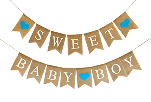 Shimmer Anna Shine Sweet Baby Boy Burlap Banner for Baby Shower Decorations and Gender Reveal Party (Blue)