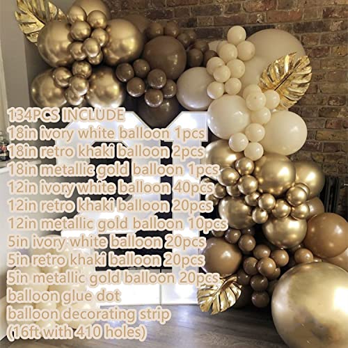 Khaki Balloon Arch Garland Kit-Ivory Balloon Gold Balloon 134Pcs for Baby Shower,Birthday,Gender Reveal,Wedding,Christmas Party Decoration.