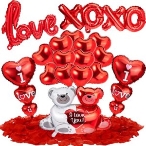 18 Inch Red Heart Shaped Balloons 40 Inch Bear Balloons Love Xoxo Balloons and 1000 Pieces Red Valentines Rose Petals for Valentine's Day, Anniversary Romantic Night Decoration