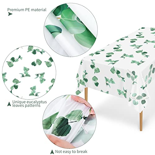 Aneco 3 Pack Eucalyptus Leaf Tablecloth Disposable Green Leaves Eucalyptus Table Cover Plant Green Plastic Tablecloth for Home Birthday Wedding Party Supplies Table Decoration, 54 x 108 Inch