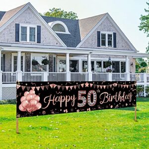 happy 50th birthday banner decorations for women, rose gold 50 birthday sign party supplies, glitter fifty birthday backdrop decor for outdoor indoor