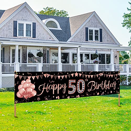 Happy 50th Birthday Banner Decorations for Women, Rose Gold 50 Birthday Sign Party Supplies, Glitter Fifty Birthday Backdrop Decor for Outdoor Indoor