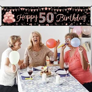 Happy 50th Birthday Banner Decorations for Women, Rose Gold 50 Birthday Sign Party Supplies, Glitter Fifty Birthday Backdrop Decor for Outdoor Indoor