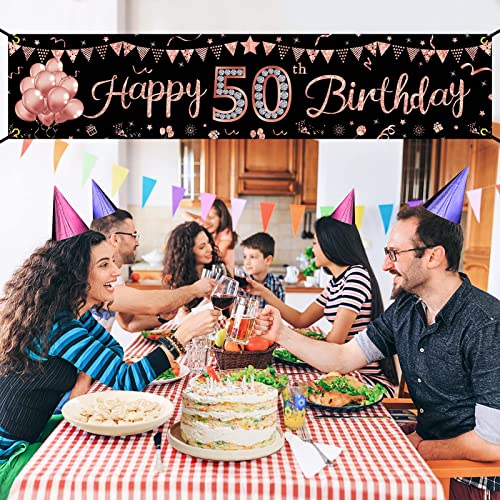 Happy 50th Birthday Banner Decorations for Women, Rose Gold 50 Birthday Sign Party Supplies, Glitter Fifty Birthday Backdrop Decor for Outdoor Indoor