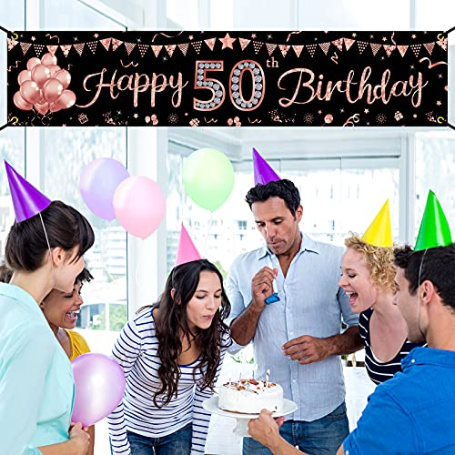 Happy 50th Birthday Banner Decorations for Women, Rose Gold 50 Birthday Sign Party Supplies, Glitter Fifty Birthday Backdrop Decor for Outdoor Indoor