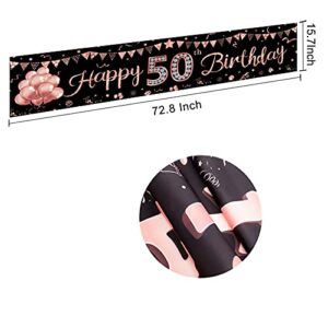 Happy 50th Birthday Banner Decorations for Women, Rose Gold 50 Birthday Sign Party Supplies, Glitter Fifty Birthday Backdrop Decor for Outdoor Indoor