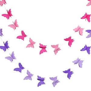 2 pieces 3d paper butterfly banner hanging decorative garland for wedding, baby shower, birthday and theme decor, 118 inches long, pink and purple