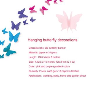 2 Pieces 3D Paper Butterfly Banner Hanging Decorative Garland for Wedding, Baby Shower, Birthday and Theme Decor, 118 Inches Long, Pink and Purple