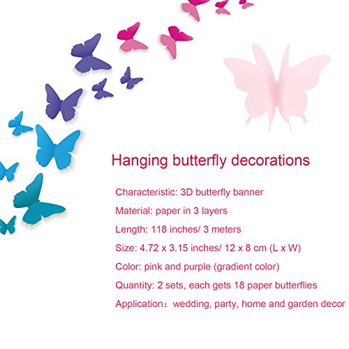 2 Pieces 3D Paper Butterfly Banner Hanging Decorative Garland for Wedding, Baby Shower, Birthday and Theme Decor, 118 Inches Long, Pink and Purple