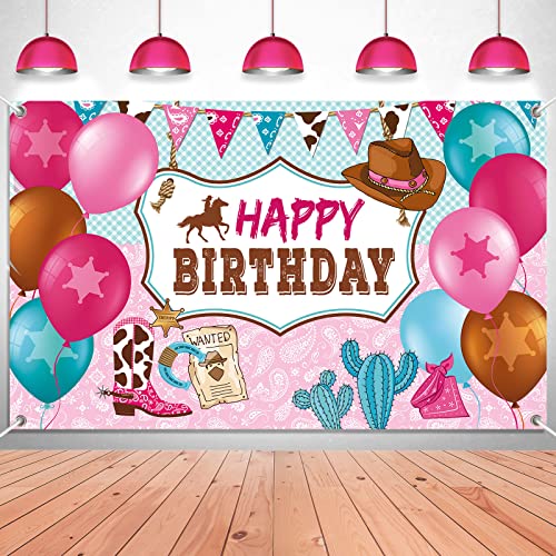 Cowgirl Themed Birthday Party Decorations, Happy Birthday Party Backdrop Pink Horse Birthday Party Supplies Cowboy Birthday Banner Photo Booth Photography Background for Girls