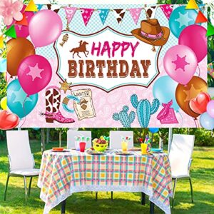 Cowgirl Themed Birthday Party Decorations, Happy Birthday Party Backdrop Pink Horse Birthday Party Supplies Cowboy Birthday Banner Photo Booth Photography Background for Girls