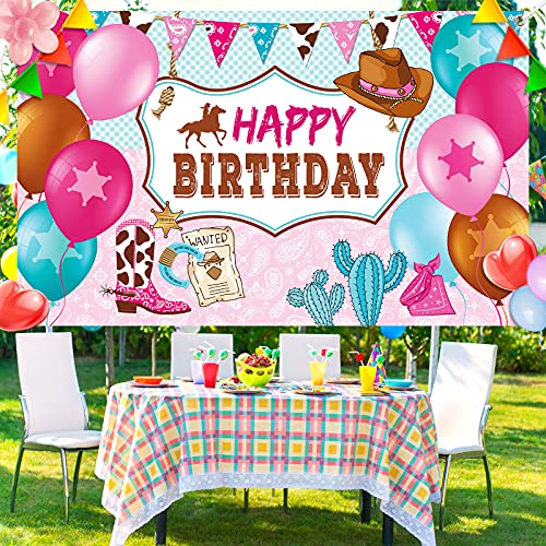 Cowgirl Themed Birthday Party Decorations, Happy Birthday Party Backdrop Pink Horse Birthday Party Supplies Cowboy Birthday Banner Photo Booth Photography Background for Girls