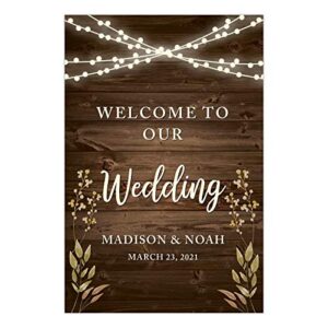 andaz press personalized extra large wedding easel board party sign, 12×18-inch, rustic wood with hanging ball lights and florals, welcome to our wedding bride groom name date, 1-pack, custom
