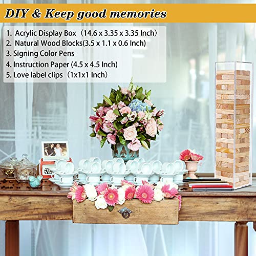 72 Pcs Wood Block Wedding Guest Book Alternative Wooden Guestbook with Acrylic Display Case with 5 Wedding Paper Card 5 Color Signing Pens and 4 Heart Memo Clips for Wedding Reception Bridal Shower