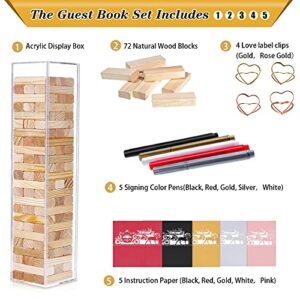 72 Pcs Wood Block Wedding Guest Book Alternative Wooden Guestbook with Acrylic Display Case with 5 Wedding Paper Card 5 Color Signing Pens and 4 Heart Memo Clips for Wedding Reception Bridal Shower