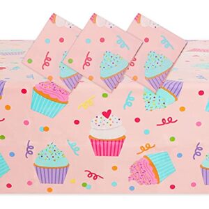 pink plastic tablecloths for cupcake birthday party (54 x 108 in, 3 pack)